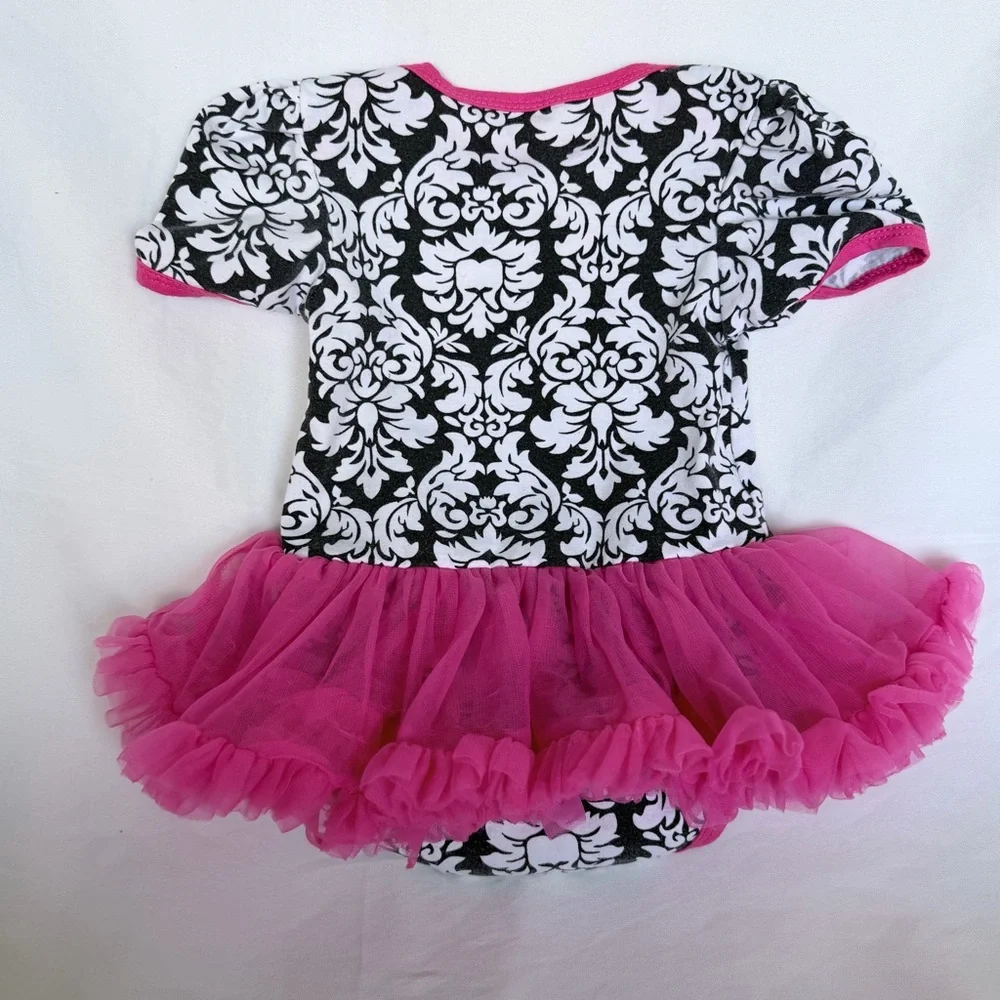 Black & White Damask Baby Tutu Onesie with Hot Pink Ruffle Leg Warmers
